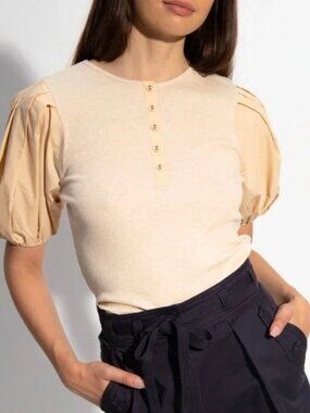 Ulla Johnson Kara Puff Sleeve Top Cream Cotton Knit Blouse Short Sleeve Medium
